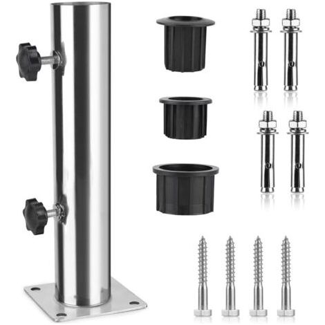 royaluxe-Tube Parasol, Pied de Parasol, Support Parasol en Acier Inoxydable Réglable avec 3 Anneaux de Réduction en PVC (32/38/48mm), Pied pour Parasol avec 8 Clous en Acier