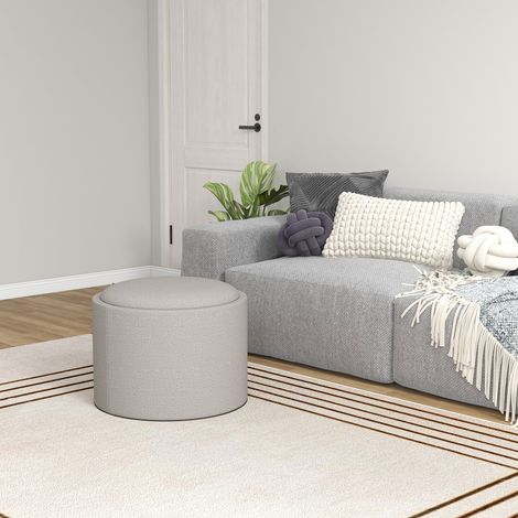 Sgabello imbottito, in lino, con vano portaoggetti nascosto, coperchio reversibile, 56 cm x 56 cm x 42 cm, grigio chiaro + naturale