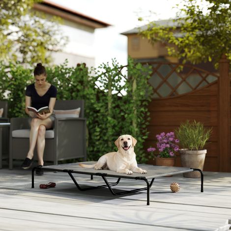 Chaise longue pour chien en extérieur - gris - avec cadre en treillis lavable en acier - 152 x 94 x 23 cm - Qualité (1/4)