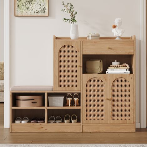Meuble à chaussures avec banc rembourré, 3 portes en rotin tressé et 1 tiroir, rangement multifonction aspect bois, 142x35x110 cm (1/5)