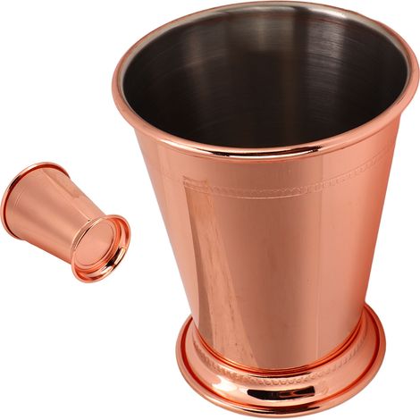 Metallisch glänzender Mint Julep Becher aus Edelstahl mit roségoldenem Farbton, ideal für Mojitos und Sommergetränke. (1/5)