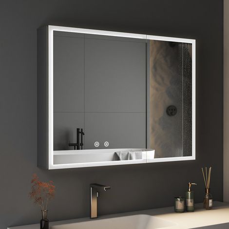 80x60cm Schwarz Spiegelschrank Bad mit Beleuchtung LED Spiegelschrank mit Beleuchtung Badezimmerschrank mit Spiegel Hängeschränke Medizin Kabinett mit 3 Einstellbare Lichtfarben, Beschlagfrei, Komplet (1/5)