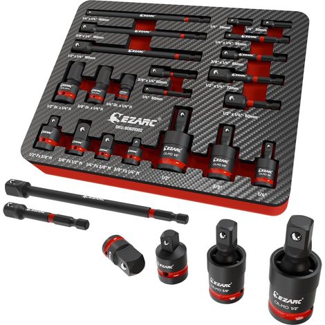 Lot de 21 adaptateurs de clé à douille, extensions et réducteurs, joints de cardan et adaptateur à impact, visseuse à percussion, accessoires pour réparation automobile et atelier (1/5)