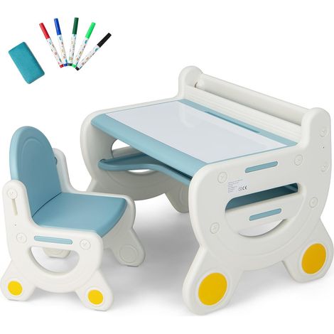 COSTWAY Set Tavolo e sedia per Bambini, Tavolo per Bambini con Sedia, Tavolo da Disegno Cancellabile e Ripiano, per Disegnare, Leggere, Giocare, Ideale per Bambini 3-8 Anni (Blue) (1/5)