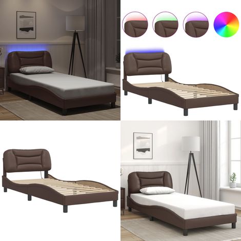 Bettgestell mit LED Braun 90x200 cm Kunstleder - Bettstellengestell - Schlafzimmermöbel - Lederbettwäsche - Doppelbett - Boxspringbett - Home & Living (1/5)