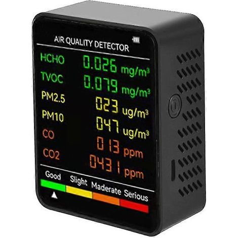Détecteur de qualité de l'air multifonctionnel 6 en 1 : PM2.5, PM10, HCHO, TVOC, CO, CO2, moniteur de CO2, grand écran LCD, portable pour une utilisation domestique (1/5)