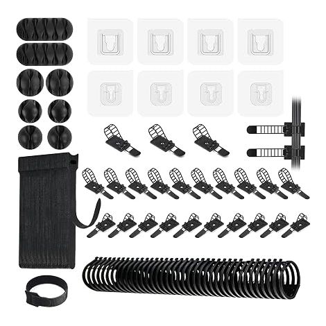 58 pièces Kit de gestion de câble avec 1 peigne de liaison, 25 attaches de câble autocollant, 4 paires de crochets muraux autocollants, 20 attaches de câble réutilisables, 8 clips de câble (1/5)