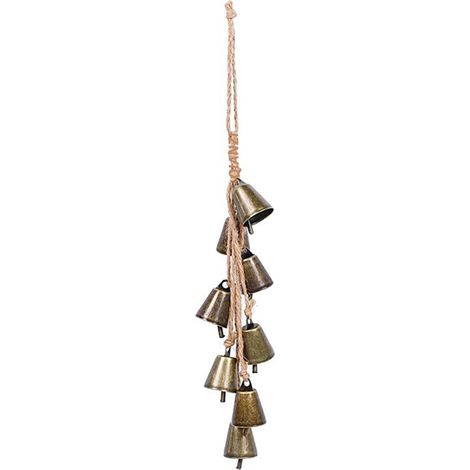 Campana navideña vintage: Conjunto compuesto por 1 campana de bronce antiguo, cuerda de cáñamo y decoración festiva para pared o para colgar.