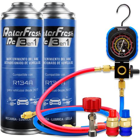Pack gas refrigerante 2 botellas Ralerfresh RC R134 3en1 500ml con Manometro RF31, llave y conectores (1/5)