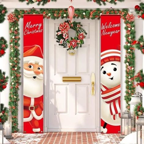 2 Pièces Décors de Bannière de Porte de Noël, Signe de Porche Rouge de Welcome Merry Christmas Décor Suspendu de Bannière (1/4)