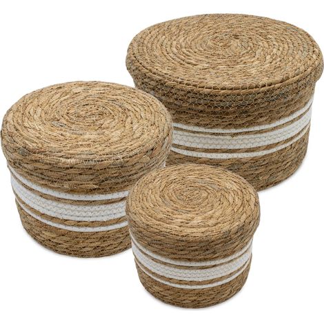 Seegras Aufbewahrungskorb natur 3er Set - 30 / 25 / 21 cm - Boho Korbset geflochten mit Deckel
