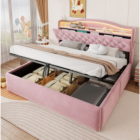 Cama canapé 180 x 200 cm con arcón hidráulico, LED, USB-C y terciopelo rosa DESVIAE (1/5)