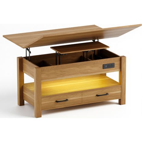 Table basse relevable extensible 4 en 1 avec rangements et 2 tiroirs, table basse multifonction style campagne chic pour salon, Bois naturel (1/5)