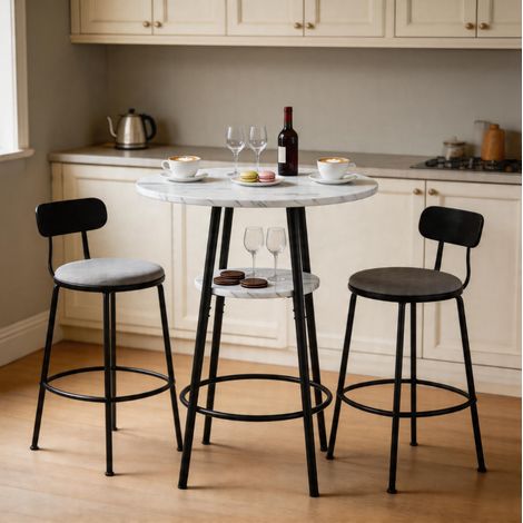 Mesa de bar de 60x89 cm con espacio de almacenamiento, tablero efecto mármol blanco, estructura de metal negro, para cocina (1/5)