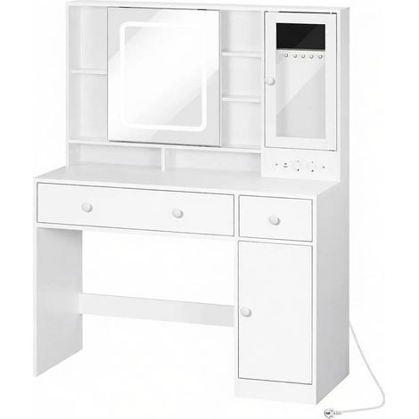 CHICFURN Toeletta 108x40x139 cm in legno e vetro bianco con specchio LED e presa (1/5)