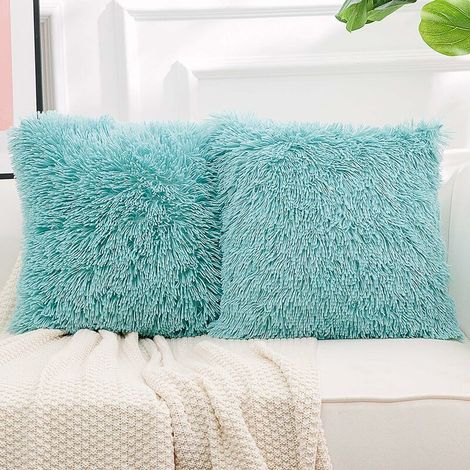 2 Housse de Coussin en Fausse Fourrure Moelleux Doux Coussin Carré Couvre Décoratif Fourrure en Peluche Taie d'oreiller pour Salon Canapé Chambre Voiture 45 x 45 cm Vert Sarcelle (1/5)