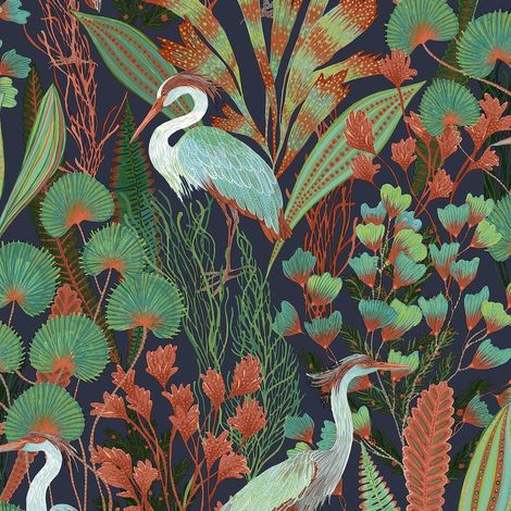 Grandeco Ciara Tropical Cranes Birds Navy Wallpaper Floral Paste The Wall Modern