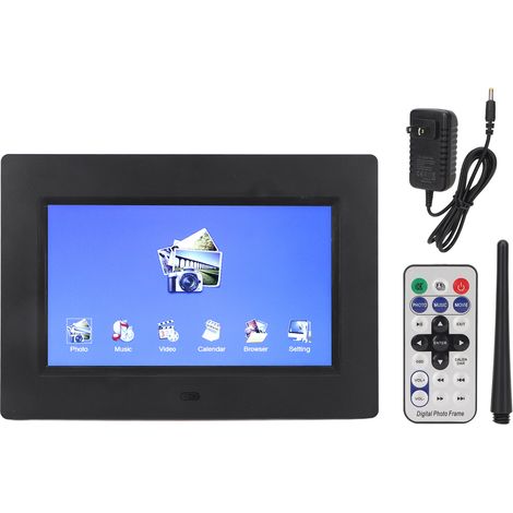 Cadre photo numérique 7 pouces HD 800x480, écran multifonction noir avec télécommande, prise US 100‑240V, cadre électronique pour photos. (1/5)