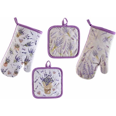 Set da cucina con guanti e presine con stampa lavanda, set da 4 pezzi, Guanto: cm 17 x 30 H