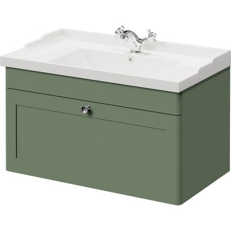 Wholesale Domestic Danbury Satin Green 800mm Wall Mounted Vanity Unit with 1 Tap Hole Traditional Basin and Single Drawer with Polished Chrome Handle (1/5)