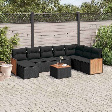 vidaXL Set Divani da Giardino 9 pz con Cuscini Nero in Polyrattan (1/4)