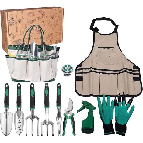 Un ensemble de 11 outils de jardinage – comprenant des gants, un arrosoir, un tablier et des outils en acier inoxydable. (1/5)