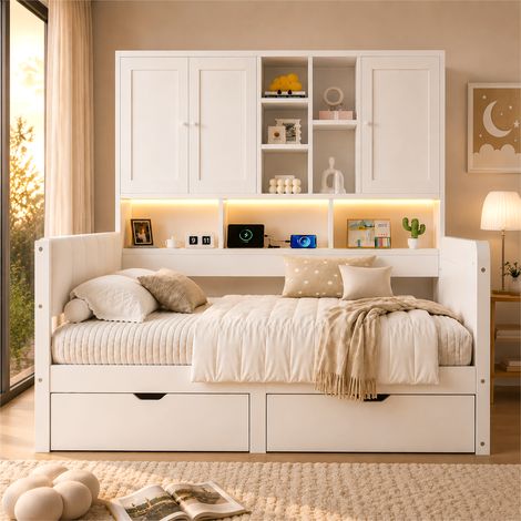 Cama infantil, cama con almacenamiento de 140x200 con iluminación LED, puertos de carga USB y cajones, cabecero tapizado en PU, diván, cama de madera en forma de L, diván con estantes y armarios, blan (1/5)