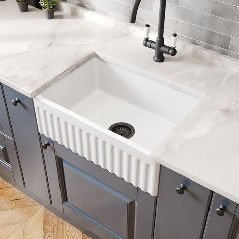 605 x 405mm Fluted Ceramic Belfast Kitchen Sink Single Bowl & Matt Black Waste (1/5)