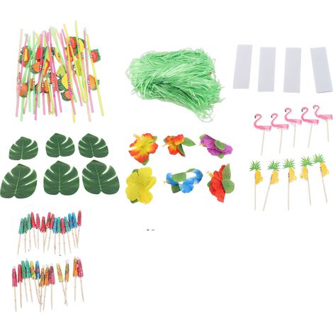 Set décoration fête tropicale hawaïenne – Jupe table herbe avec fleurs feuilles parapluies pailles anniversaire été plage vert, décoration (1/4)