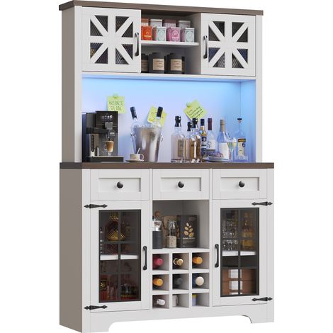 Buffet haut de cuisine blanc avec LED connectée, porte en verre et grille aérée, range-bouteilles, étagères réglables et anti-basculement CHICFURN (1/5)