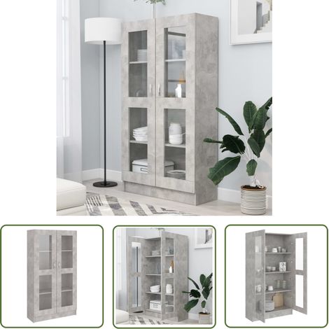 The Living Store Armoire à vitrine Gris béton 82,5x30,5x150 cm Bois d'ingénierie - Bibliothèque - Meuble TV - Rangement Intérieur - Armoire Vitrée - Mobilier Gris (1/5)