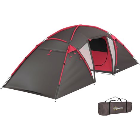 Tente tunnel, tente de camping pour 4 à 6 personnes, avec 3 pièces, crochets pour éclairage, double porte, grise