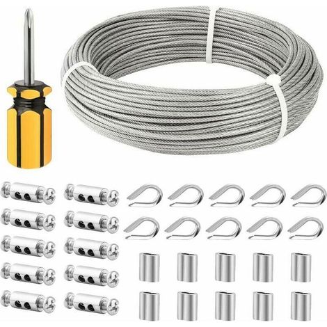 Câble en acier inoxydable, corde en acier inoxydable de 50 m/3 mm, câble en acier gainé avec clips, gaine M3, élingues en acier inoxydable (1/5)