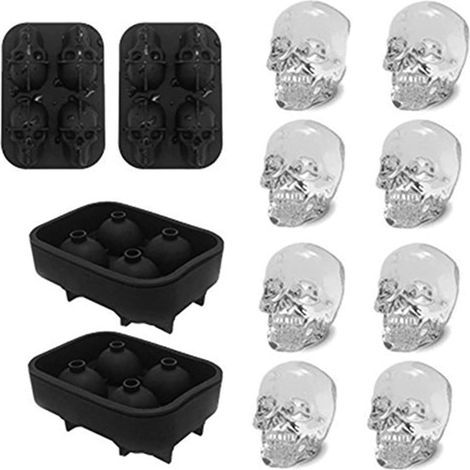 3D-Totenkopf-Eiswürfelform, 2er-Set, leicht zu lösen, Silikon, ergibt 8 niedliche Eiswürfel für Cocktails und andere Getränke, Schwarz (1/5)