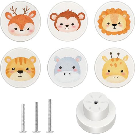 6x Boutons d’Armoires en Bois Blanc, Poignées de Tiroir Rondes de 35 mm avec Motif Animaux pour Chambre d’Enfants (1/5)