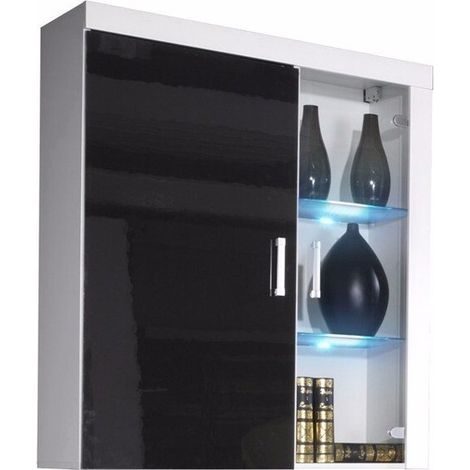 Armario de pared Odebeli 101, Blanco + Negro brillante, 111x90cm, Número de puertas: 235cm, MDF, Aglomerado laminado, Vidrio, LED