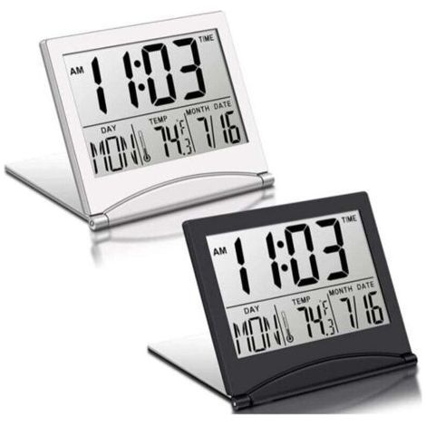 Sveglia digitale da viaggio pieghevole con display LCD, calendario, termometro, funzione snooze, portatile, da tavolo, 2 pezzi (1/4)