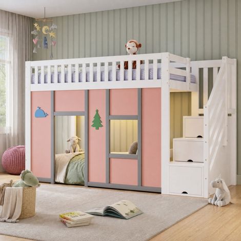 Etagenbett 90/200 cm in Weiß/Rosa mit Stauraumtreppe, LED und Spielbereich (1/5)