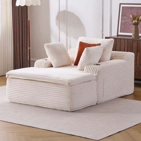 Divano da pavimento 165/112/63 cm in velluto a coste beige con cuscini, coperta integrata e portabicchieri (1/5)