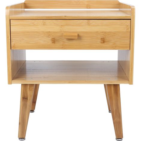Table de chevet en bambou naturel style moderne avec tiroir et étagère rangement robuste 46x38x53cm couleur bois (1/5)