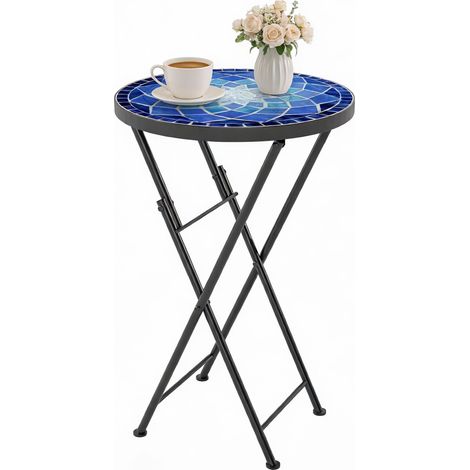 Outsunny Mosaic Garden Table, 35.5cm Folding Coffee Table, Navy Blue
