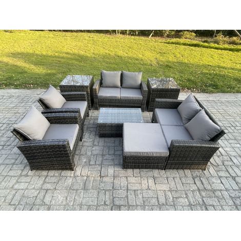 Fimous Garden Furniture Sets 8 Pieces Outdoor Rattan Furniture Manual Wicker Patio Sofa Chair Set with Coffee Table 2 Side Tables Big Footstool Dark Grey Mixed (1/5)