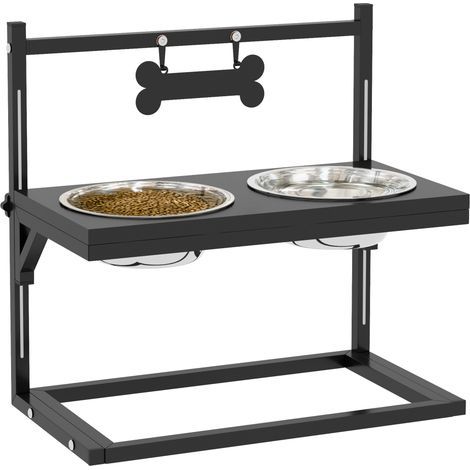 Ciotole rialzate per cani con supporto regolabile in altezza da 11 a 33 cm, 2 ciotole in acciaio inox rimovibili, nero (1/5)