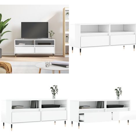 Mobile Porta TV Bianco Lucido 100x34,5x44,5cm Legno Multistrato - Mobile TV con ripostiglio - Mobile TV in legno