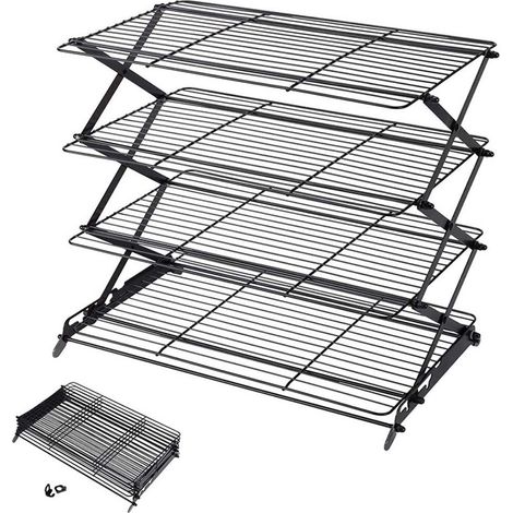Grille de refroidissement à 3 niveaux, pliable, en fil d'acier inoxydable, pour gâteaux, pains et biscuits, noire. (1/5)