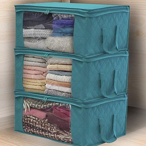 Bolsas de almacenamiento plegables para debajo de la cama para ropa, cajas de almacenamiento de tela con tapa, juego de 3, impermeables y gruesas. (1/5)