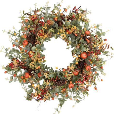 Couronne d'Automne Artificielle avec Mini Citrouilles, Baies, Feuilles d'Eucalyptus et Fleurs, Décoration de Porte pour Intérieur et Extérieur (1/5)