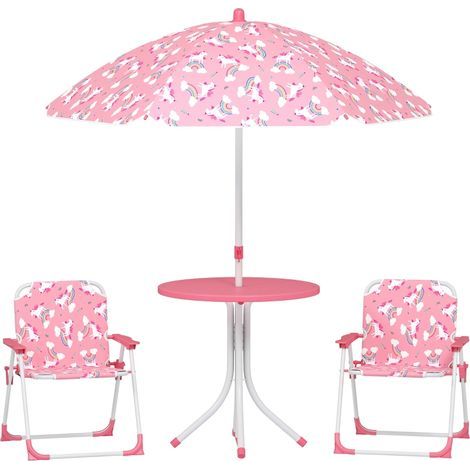 Ensemble de salon de jardin pour enfants 4 pièces avec parasol amovible, table enfant et 2 chaises pliantes, couleur rose