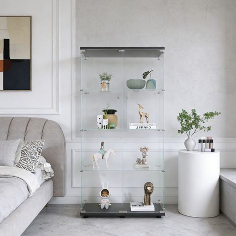Vitrine Armoire - NEXU - Massivholz und gehärtetes Glas - 4 Regale und 2 Türen - 80 x 36 x 164 cm - Schwarz