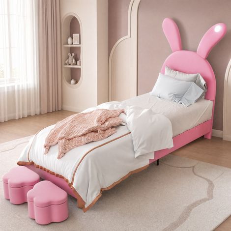 DESMIU Lit simple 1 place avec 2 bancs de rangement, LED et tête réglable, 90 × 200 cm, sans matelas, rose (1/5)